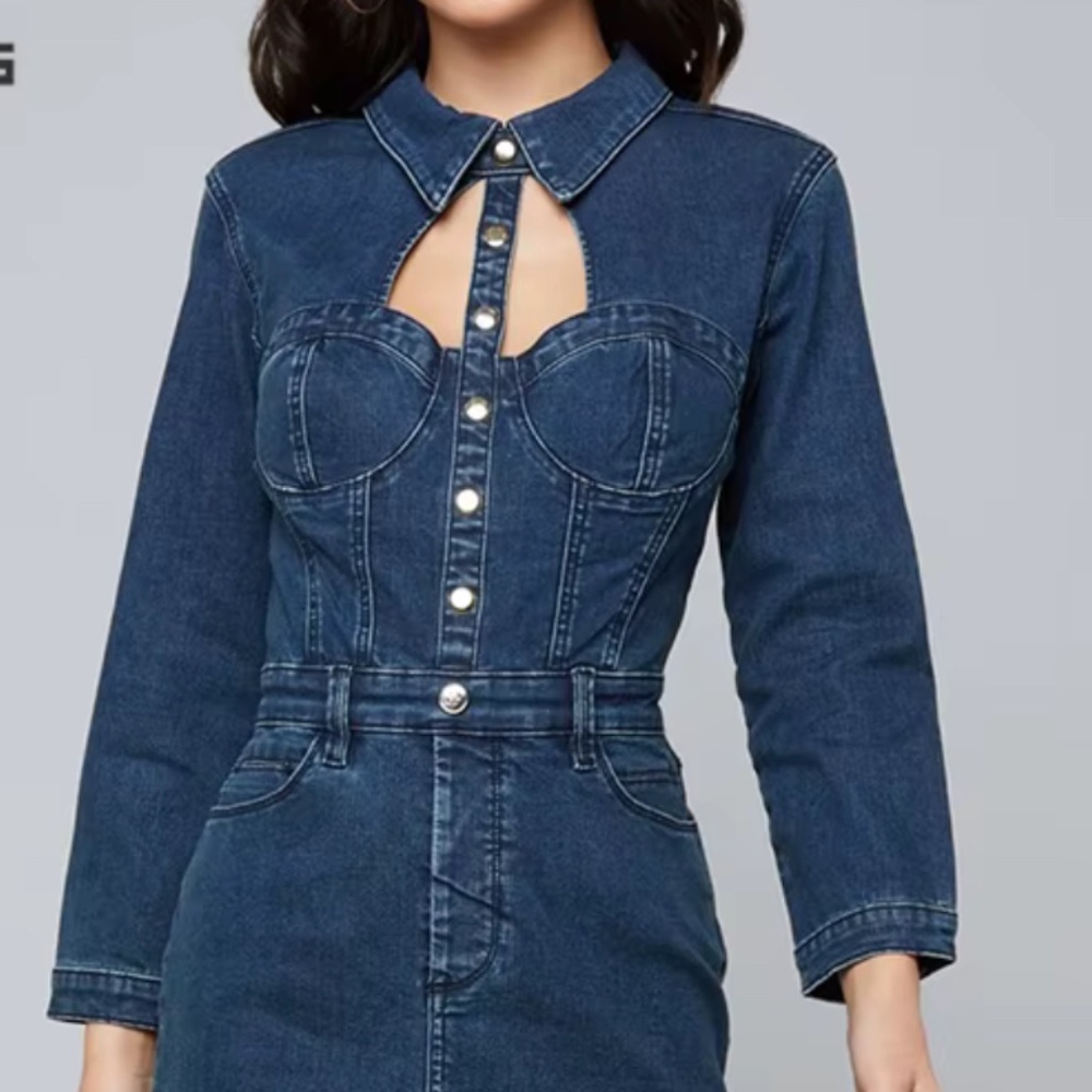 Bebe Front Cutout Denim Mini Dress with a zipper closure at the back in blue.